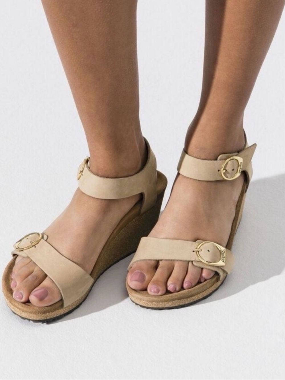 Birkenstock Papillio Soley Cork Wedge Heel Sandal Tan with Gold Buckles